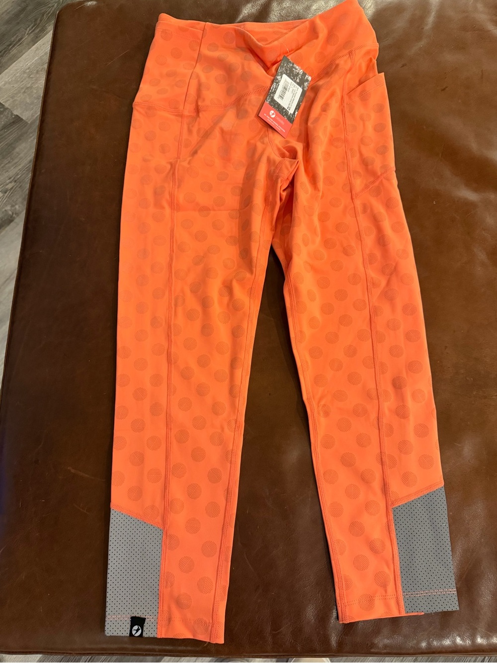 oiselle Orange Firecracker Reflective Night Run Leggings with Gray Lower Panels